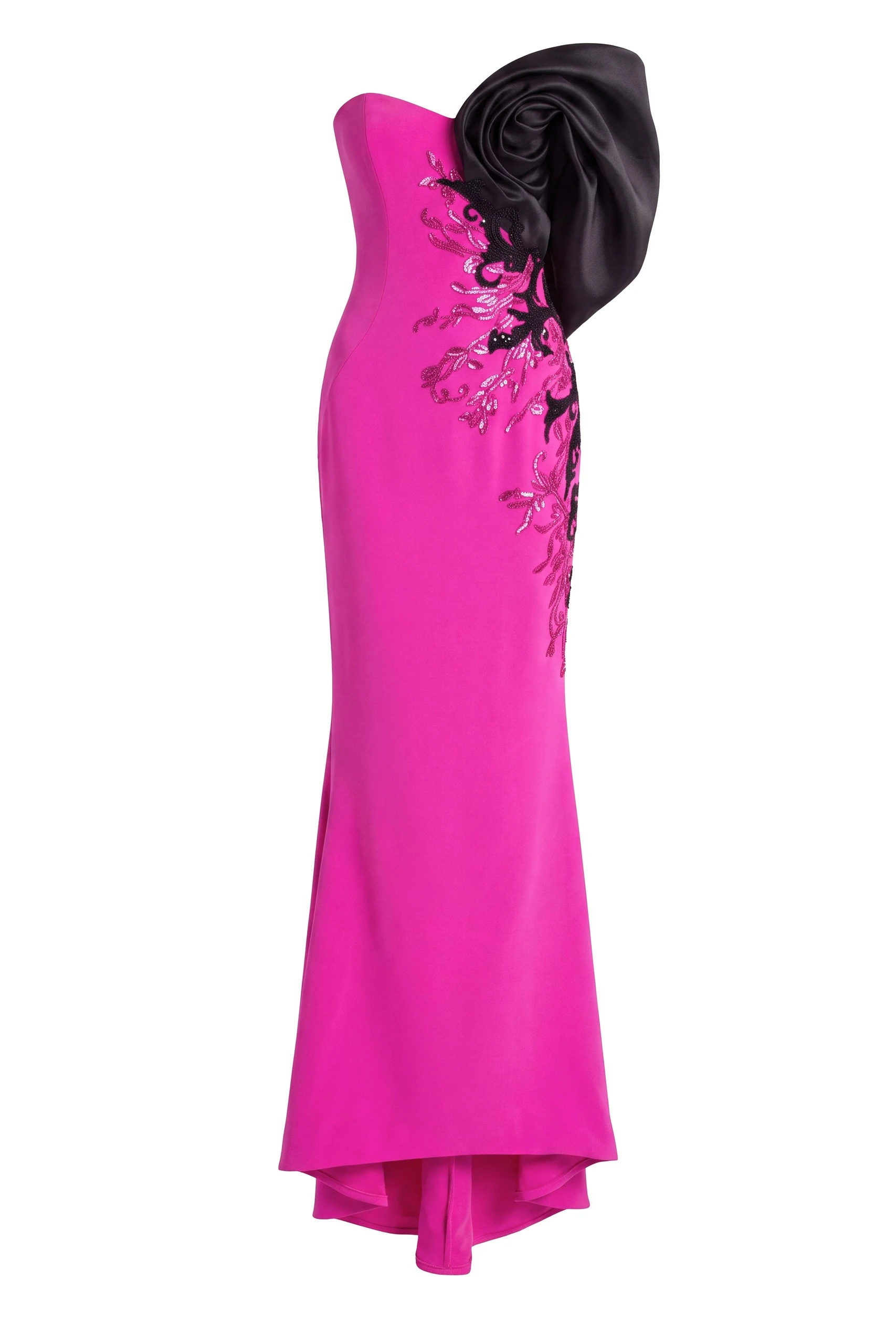 Saiid Kobeisy Crepe Straight Fit Dress with Mikado One Sided Off-Shoulder Sleeve in Magenta | Dresses | Luxury Shoes Saiid Kobeisy Crepe Straight Fit Dress with Mikado One Sided Off-Shoulder Sleeve in Magenta