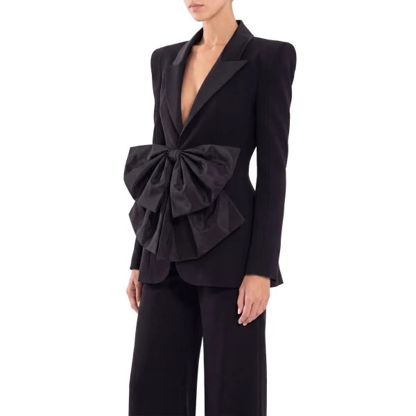 Saiid Kobeisy Crepe Tailored Jacket with Taffeta Collar and Bow in Jet Black, view 4