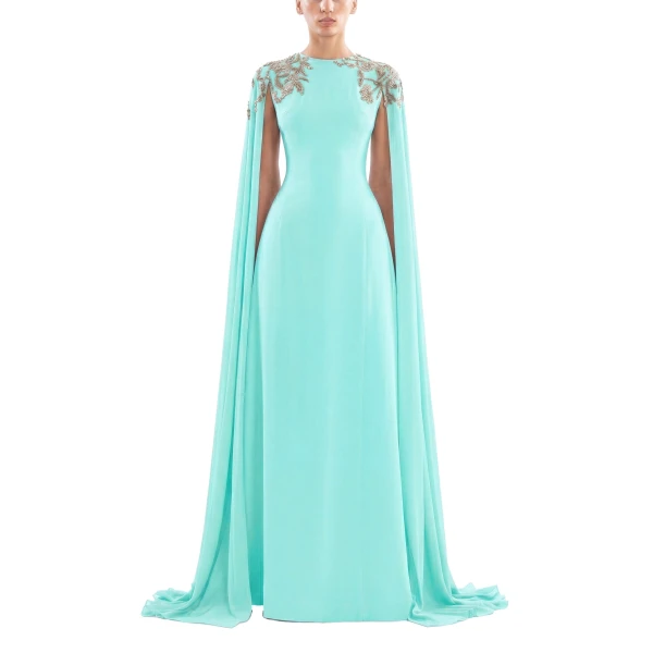 Saiid Kobeisy Embellished Crepe Kaftan in Bleached Aqua, Style 12, view 2