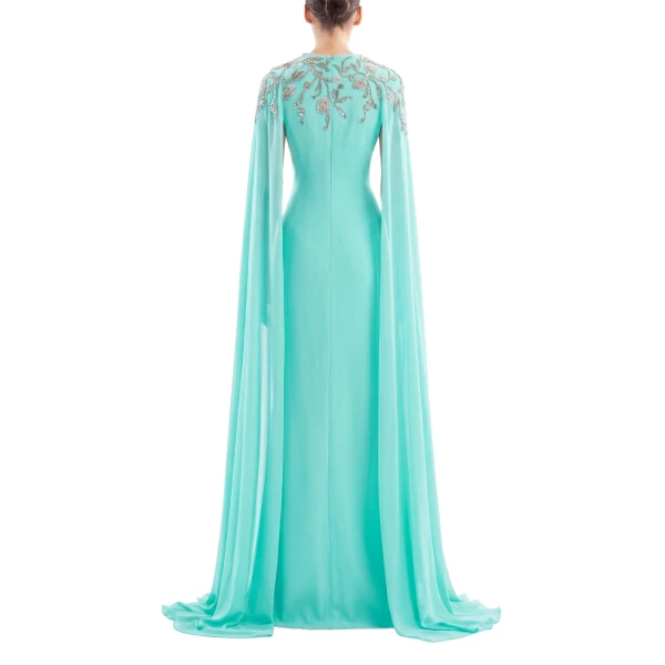 Saiid Kobeisy Embellished Crepe Kaftan in Bleached Aqua, Style 12, view 3