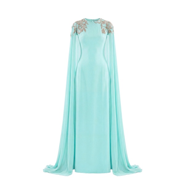Saiid Kobeisy Embellished Crepe Kaftan in Bleached Aqua, Style 12