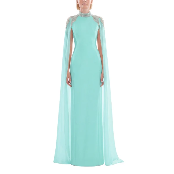 Saiid Kobeisy Embellished Crepe Kaftan in Bleached Aqua, Style 13, view 2