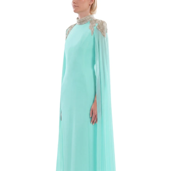 Saiid Kobeisy Embellished Crepe Kaftan in Bleached Aqua, Style 13, view 4
