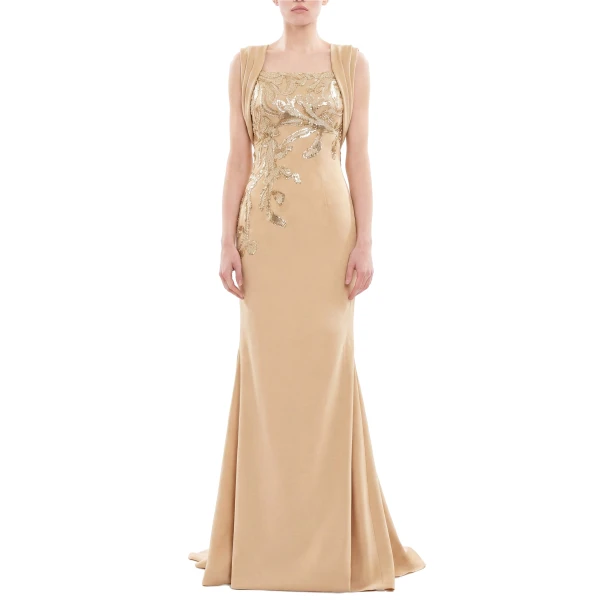 Saiid Kobeisy Embellished Long Crepe Dress in Light Gold, view 2