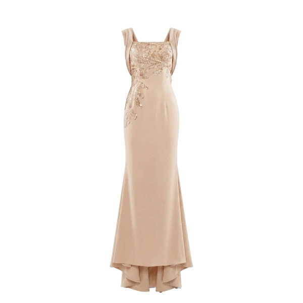 Saiid Kobeisy Embellished Long Crepe Dress in Light Gold
