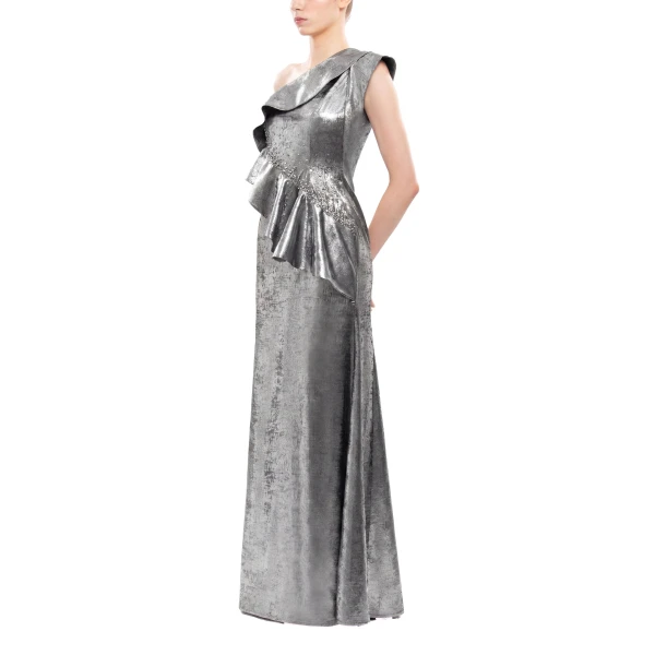 Saiid Kobeisy Embellished One-Shoulder Lamé Dress in Metallic Silver, view 3