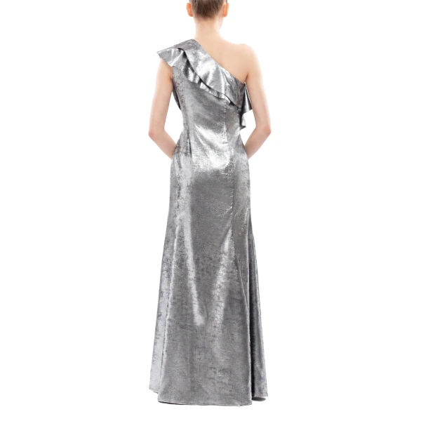 Saiid Kobeisy Embellished One-Shoulder Lamé Dress in Metallic Silver, view 4