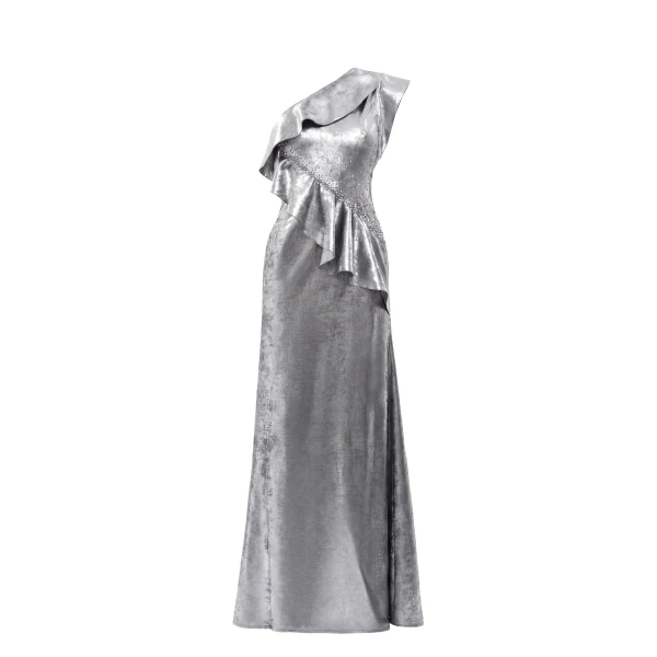 Saiid Kobeisy Embellished One-Shoulder Lamé Dress in Metallic Silver