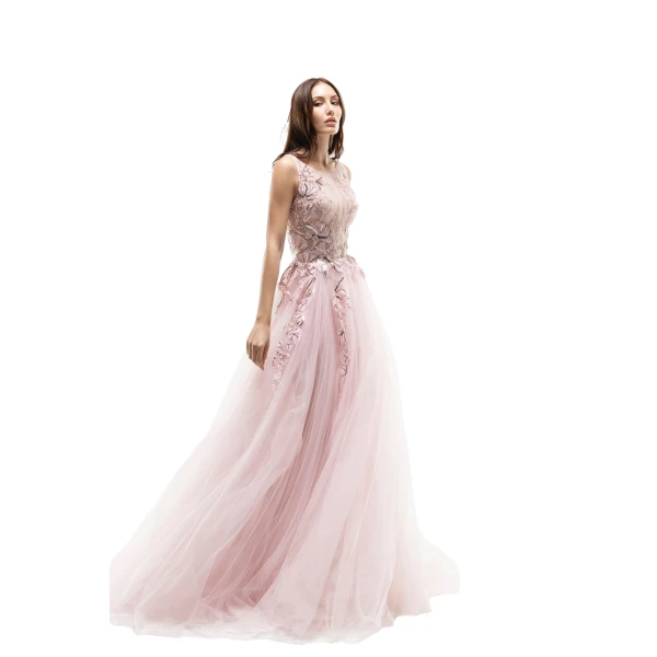 Saiid Kobeisy Embroidered Gathered Tulle Dress in Salsa Rosa, view 2