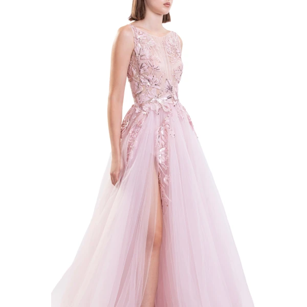 Saiid Kobeisy Embroidered Gathered Tulle Dress in Salsa Rosa, view 5