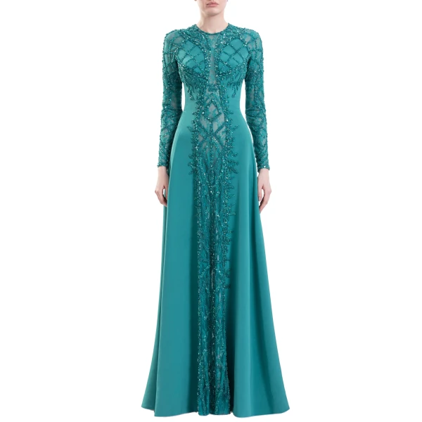 Saiid Kobeisy Embroidered Geometric Crepe Dress in North Sea, view 3