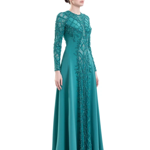 Saiid Kobeisy Embroidered Geometric Crepe Dress in North Sea, view 4