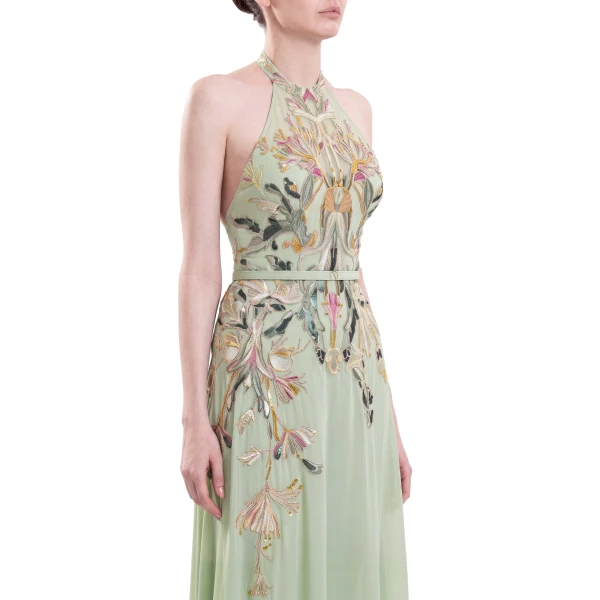 Saiid Kobeisy Embroidered Georgette Dress in Reed, view 3