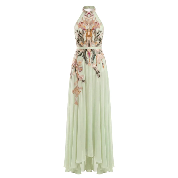 Saiid Kobeisy Embroidered Georgette Dress in Reed