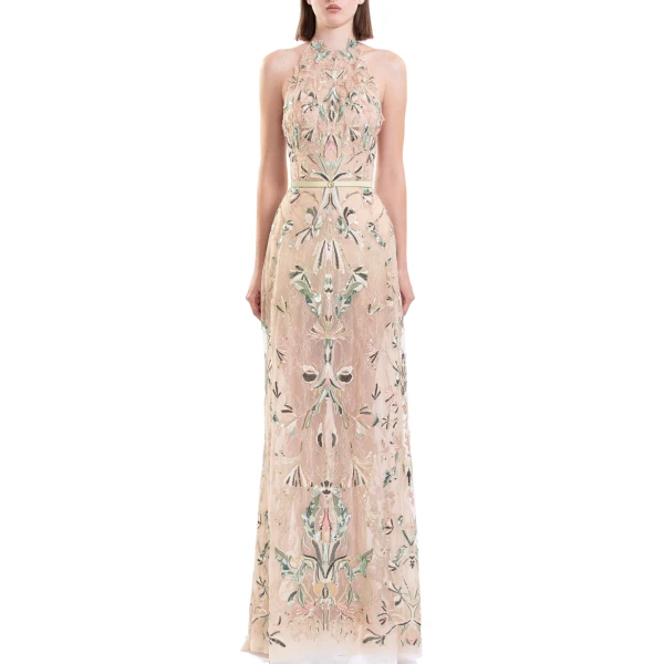 Embroidered Halter-Neck Lace Dress in Skin and Multicolour