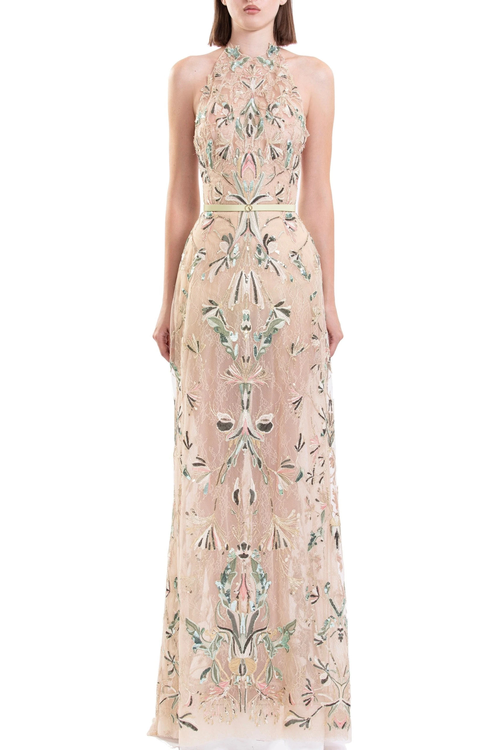 Saiid Kobeisy Embroidered Halter-Neck Lace Dress in Skin and Multicolour | Dresses | Luxury Shoes Saiid Kobeisy Embroidered Halter-Neck Lace Dress in Skin and Multicolour