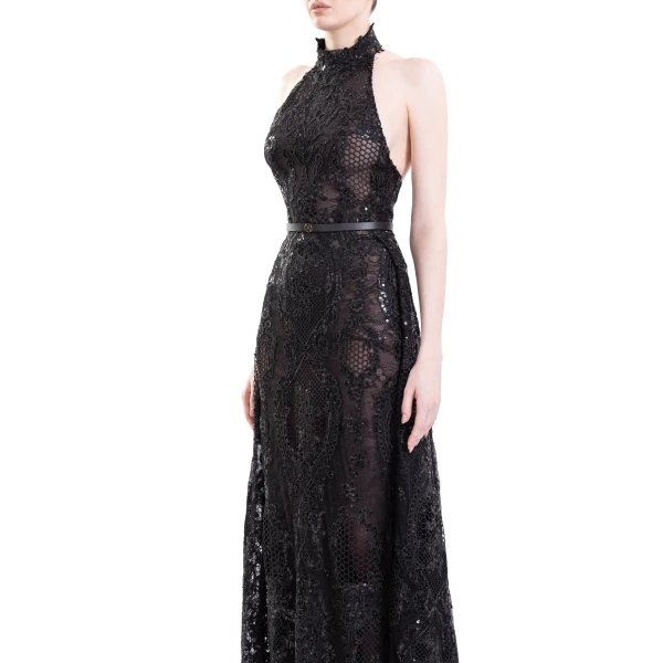 Saiid Kobeisy Embroidered Lace Dress in Jet Black, Style 32, view 4