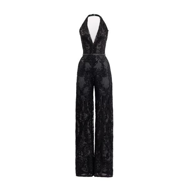 Saiid Kobeisy Embroidered Lace Jumpsuit in Jet Black
