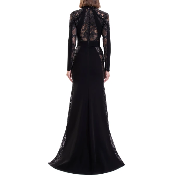 Saiid Kobeisy Embroidered Lace Long Sleeve Dress in Jet Black, view 5