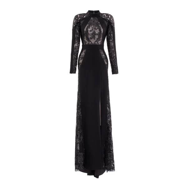 Saiid Kobeisy Embroidered Lace Long Sleeve Dress in Jet Black