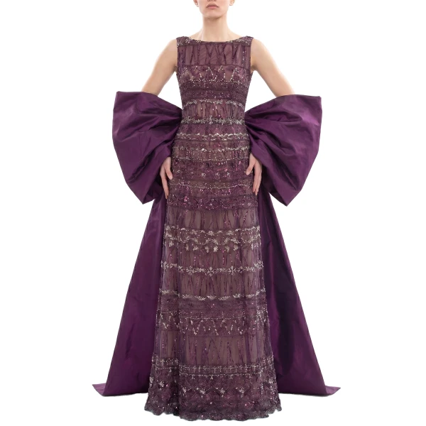 Saiid Kobeisy Embroidered Long Dress in Italian Plum, Style 40, view 2