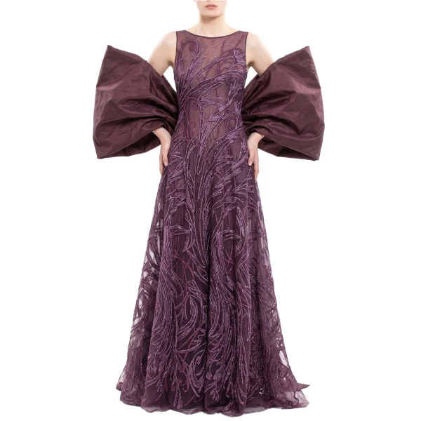 Saiid Kobeisy Embroidered Long Dress in Italian Plum, Style 59, view 2