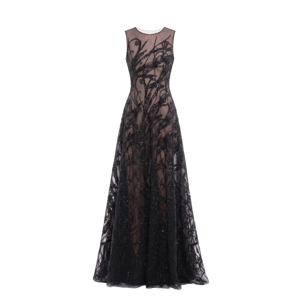 Saiid Kobeisy Embroidered Long Dress in Jet Black, Style 59