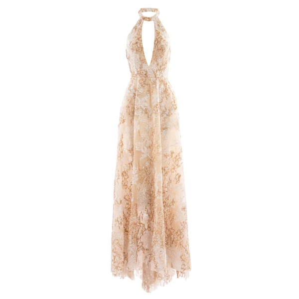 Saiid Kobeisy Embroidered Long Dress in Light Gold and Skin, Style 39, view 2