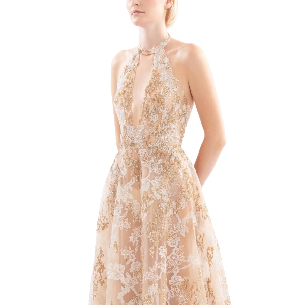 Saiid Kobeisy Embroidered Long Dress in Light Gold and Skin, Style 39, view 4
