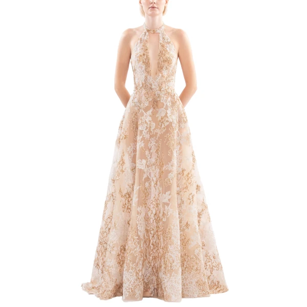 Embroidered Long Dress in Light Gold and Skin, Style 39