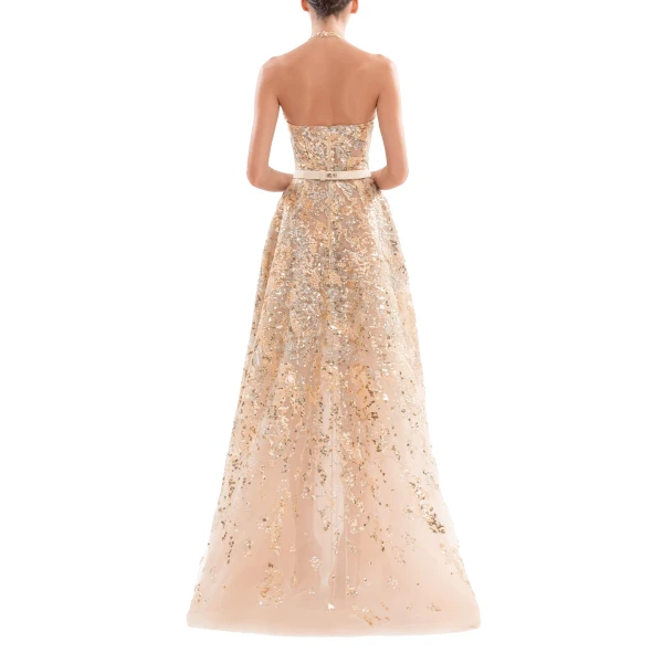Saiid Kobeisy Embroidered Long Dress in Light Gold and Skin, Style 46, view 3