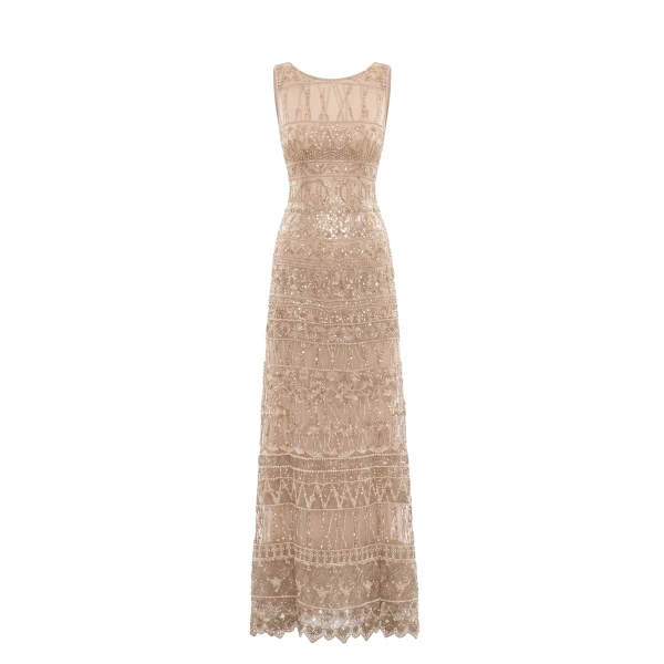 Embroidered Long Dress in Light Gold