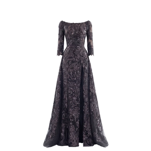 Embroidered Long Dress with Overskirt in Jet Black