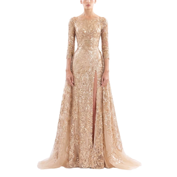 Saiid Kobeisy Embroidered Long Dress with Overskirt in Light Gold and Skin, view 2