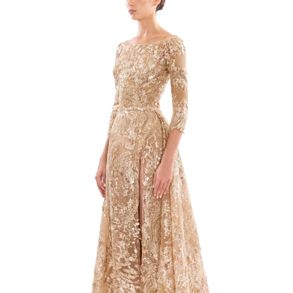 Saiid Kobeisy Embroidered Long Dress with Overskirt in Light Gold and Skin, view 4