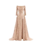 Saiid Kobeisy Embroidered Long Dress with Overskirt in Light Gold and Skin