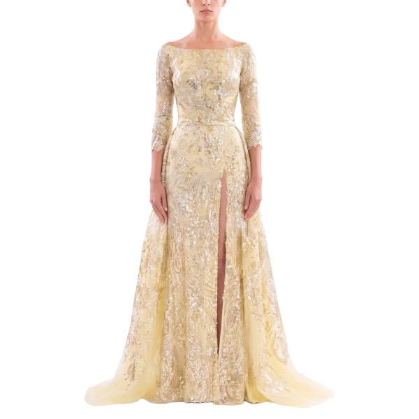 Saiid Kobeisy Embroidered Long Dress with Overskirt in Yellow Pear, view 2