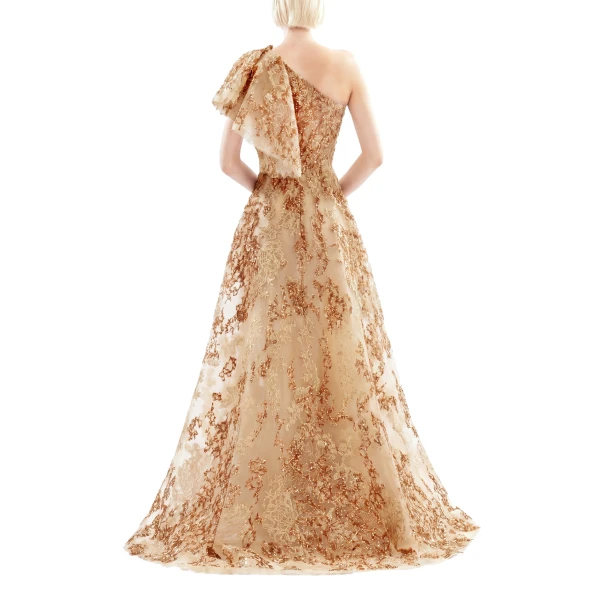 Saiid Kobeisy Embroidered One-Shoulder Dress in Orange and Skin, view 3