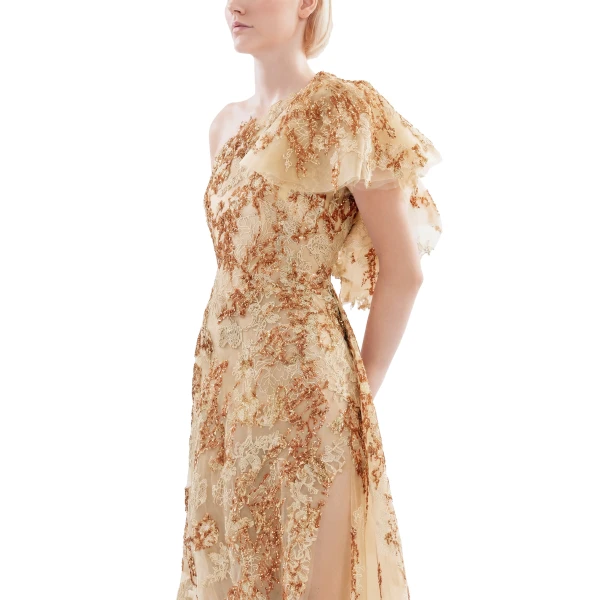 Saiid Kobeisy Embroidered One-Shoulder Dress in Orange and Skin, view 4