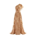Saiid Kobeisy Embroidered One-Shoulder Dress in Orange and Skin