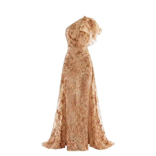 Embroidered One-Shoulder Dress in Orange and Skin