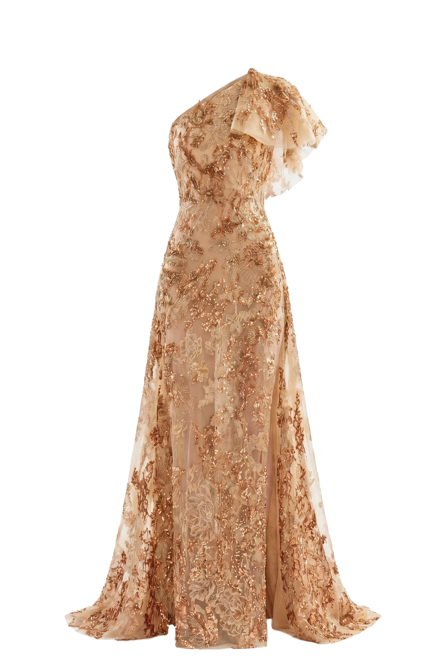 Saiid Kobeisy Embroidered One-Shoulder Dress in Orange and Skin | Dresses | Luxury Shoes Saiid Kobeisy Embroidered One-Shoulder Dress in Orange and Skin