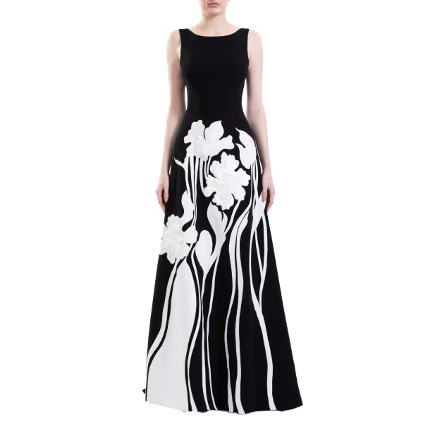 Saiid Kobeisy Embroidered Padded Crepe Dress in Jet Black and Off White, view 3