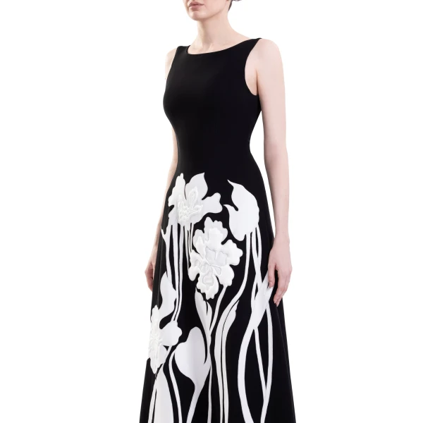 Saiid Kobeisy Embroidered Padded Crepe Dress in Jet Black and Off White, view 4