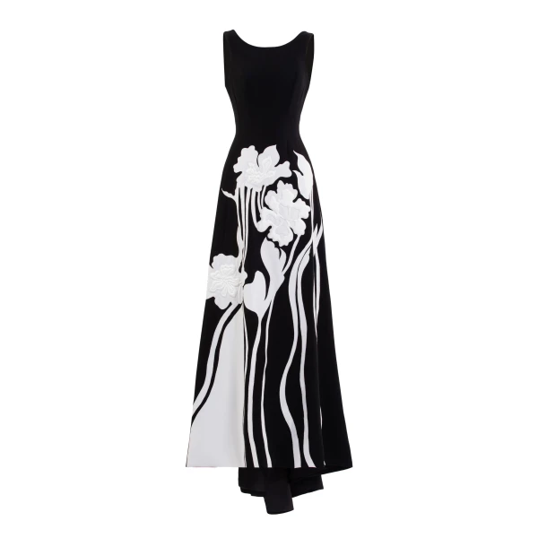 Embroidered Padded Crepe Dress in Jet Black and Off White