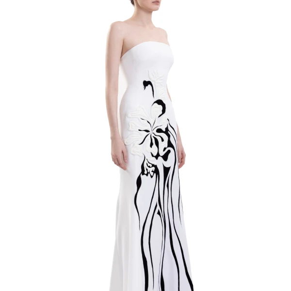 Saiid Kobeisy Embroidered Strapless Padded Crepe Dress in Off White, view 4