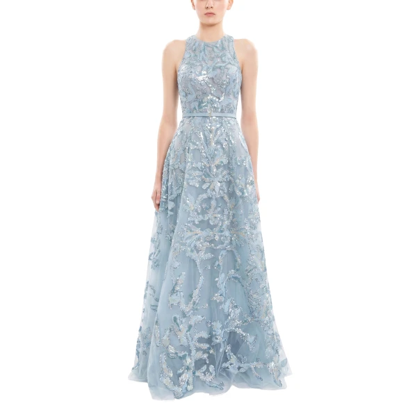 Saiid Kobeisy Embroidered Tulle Long Dress in Ice Blue, view 2