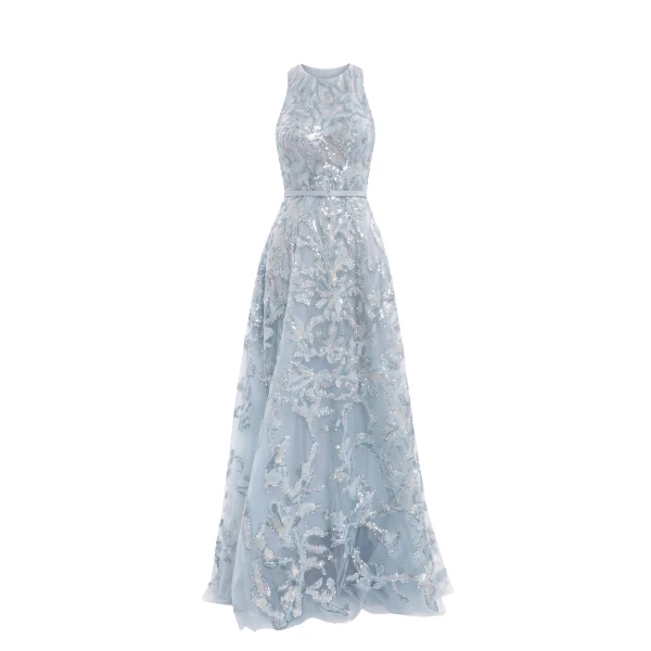 Saiid Kobeisy Embroidered Tulle Long Dress in Ice Blue