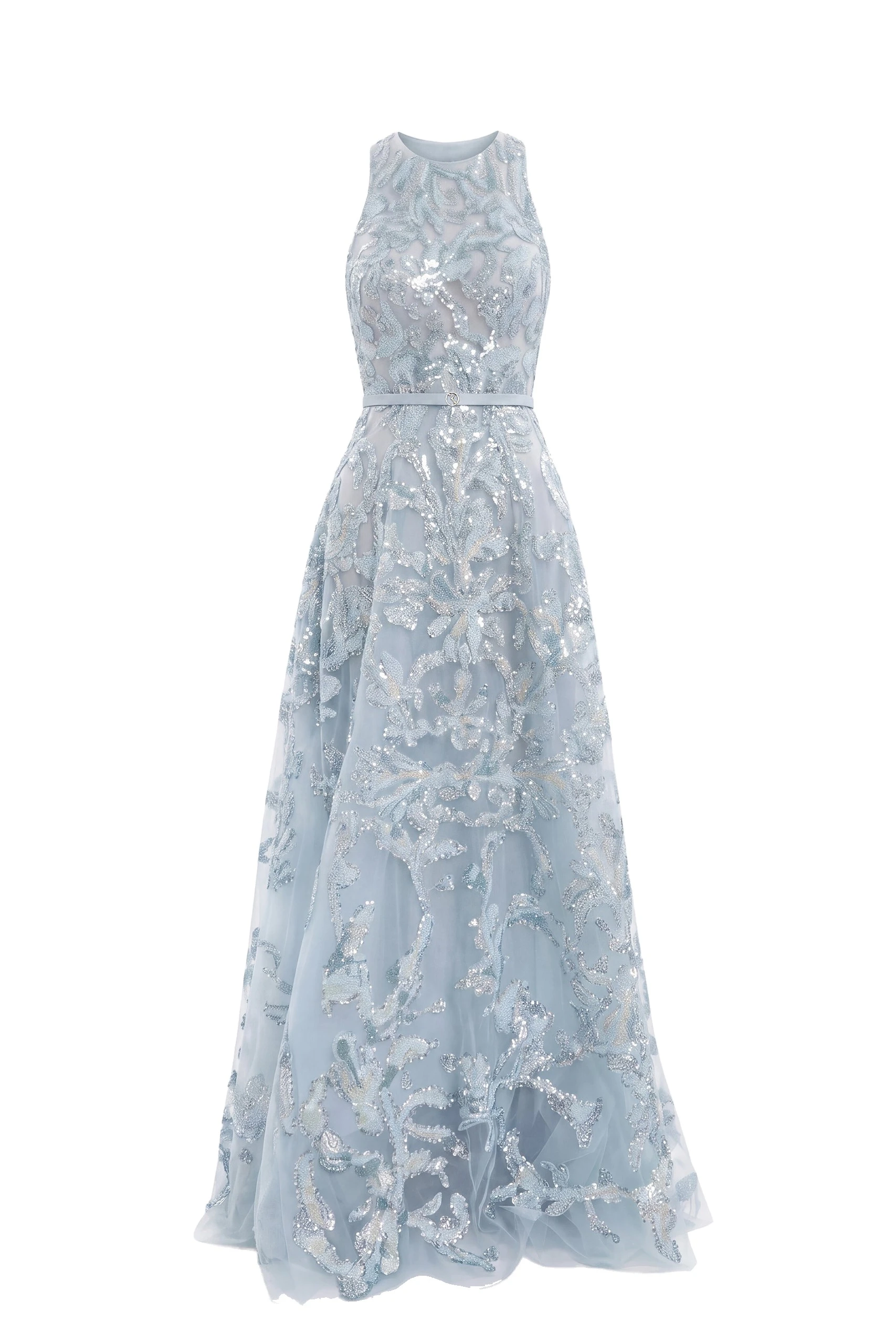 Saiid Kobeisy Embroidered Tulle Long Dress in Ice Blue | Dresses | Luxury Shoes Saiid Kobeisy Embroidered Tulle Long Dress in Ice Blue
