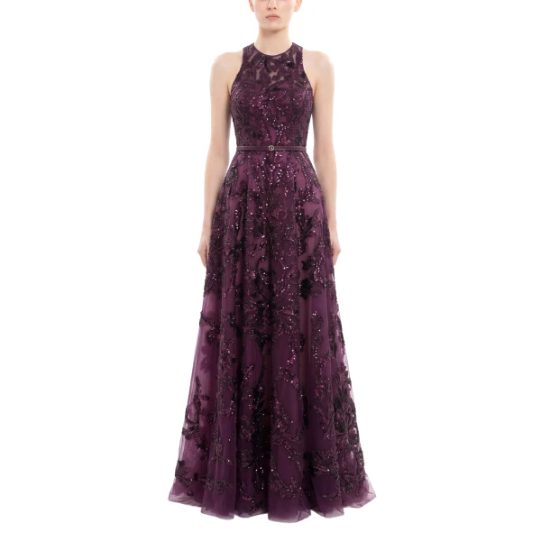 Saiid Kobeisy Embroidered Tulle Long Dress in Italian Plum, view 2